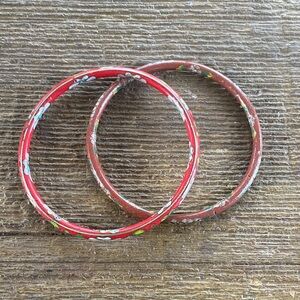 2 Vintage Red & burgundy Cloisonne brass & Enamel Bangle Cuff Bracelets boho